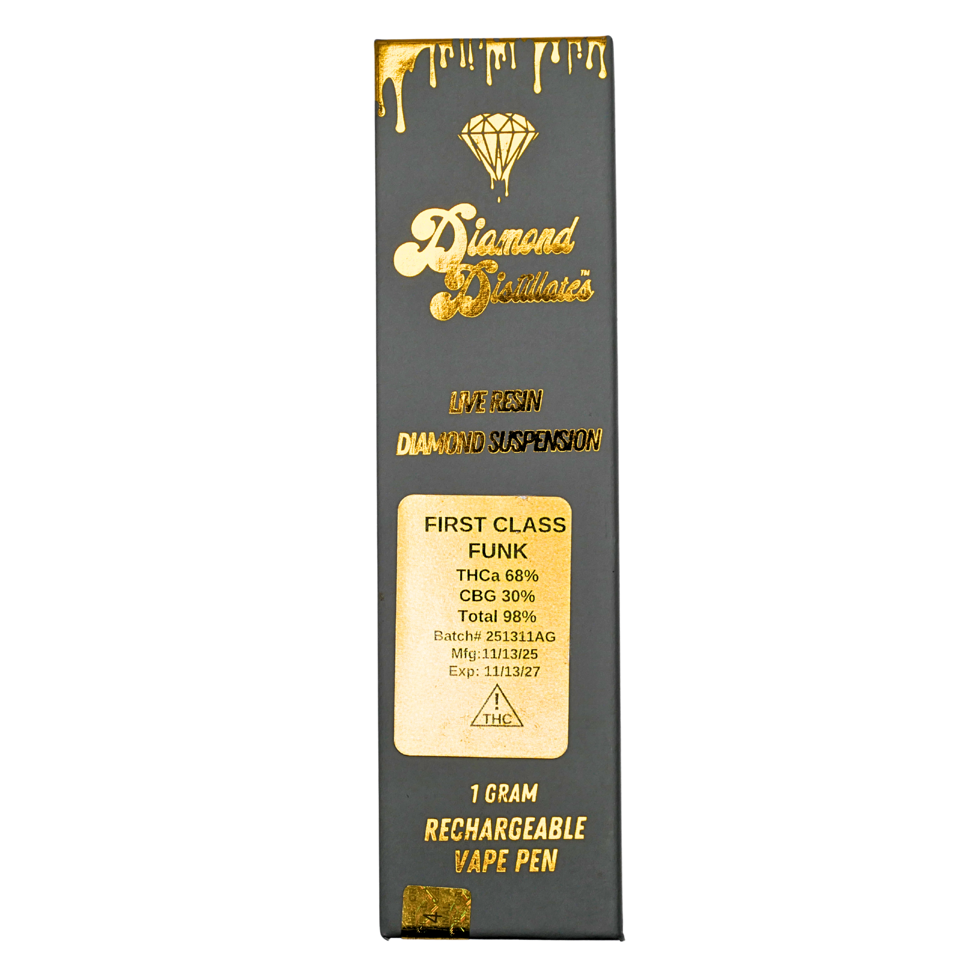 “Diamond Distillates” Live Resin Diamond Suspension rechargeable vape pen: First Class Funk (1g) Puffy Parcel