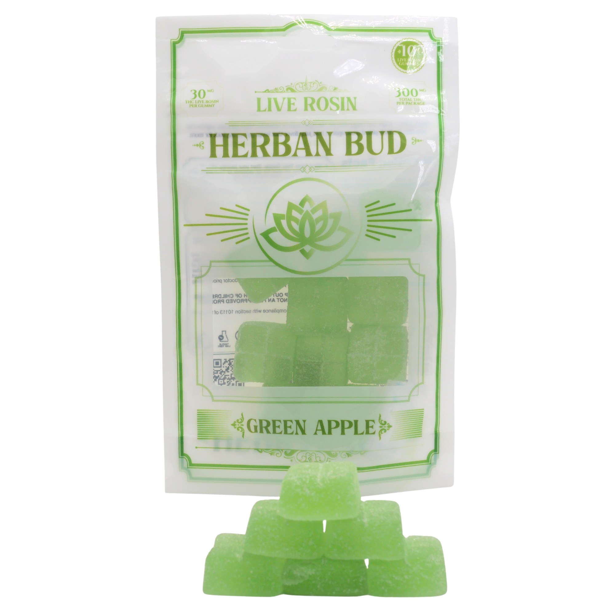 Herban Bud Live Rosin Gummies: Green Apple Puffy Parcel