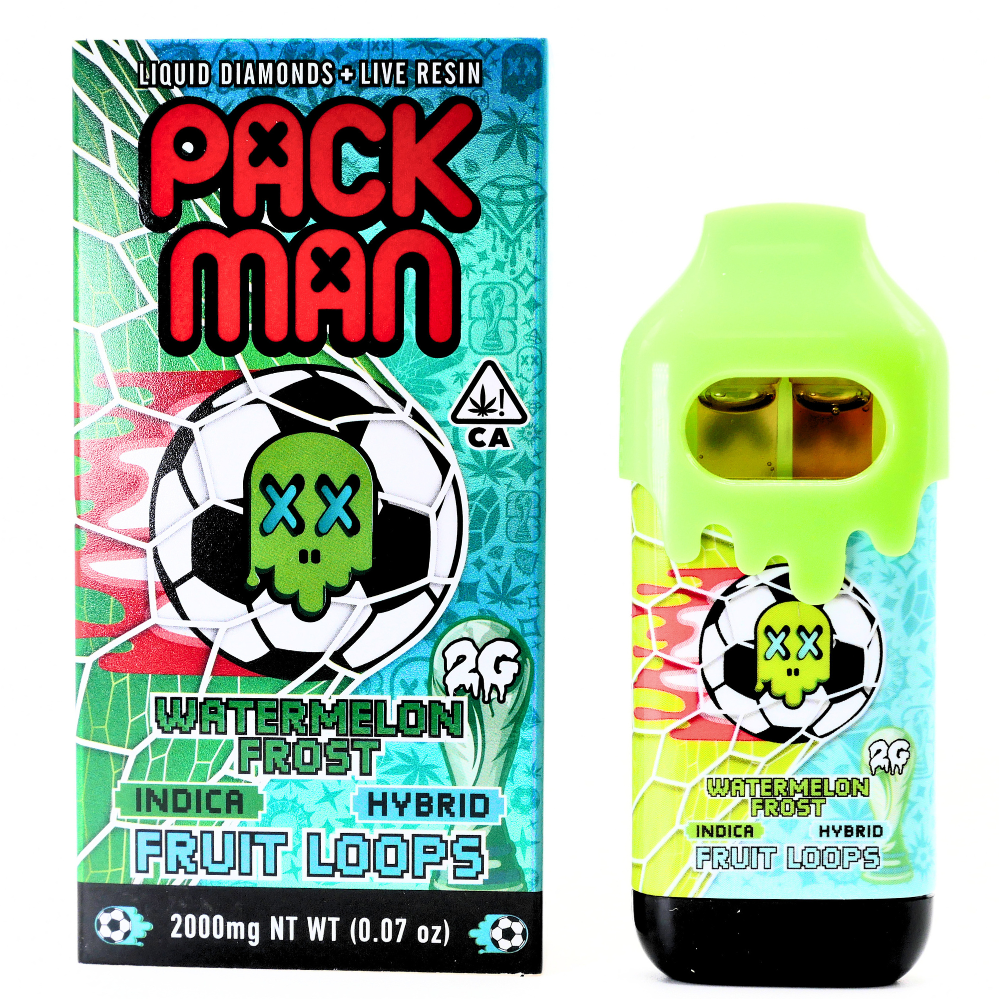 Limited World Cup Pack Man Liquid Diamonds + Live Resin Vape: Watermelon Frost (Indica) + Fruit Loops (Hybrid)(2g) Puffy Parcel