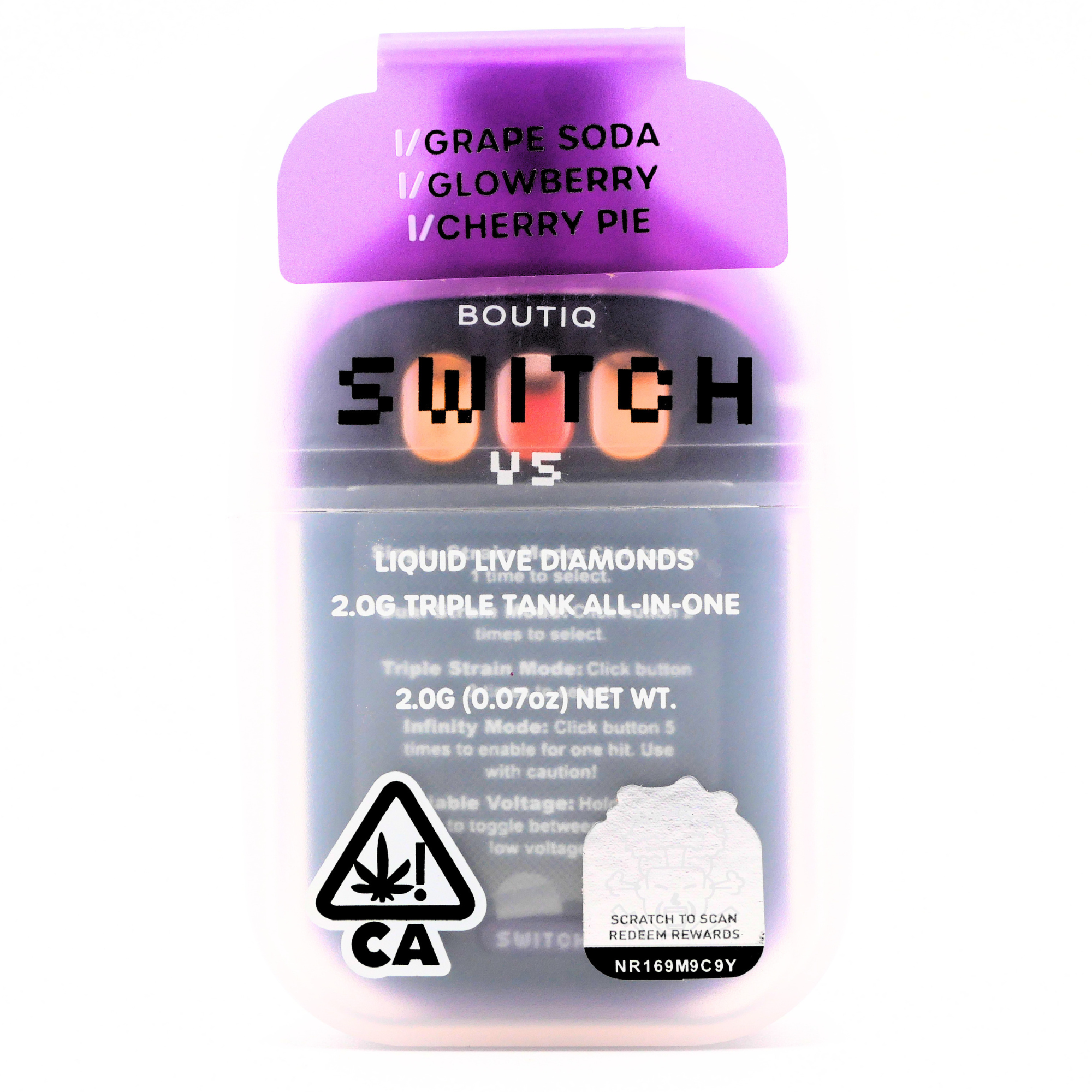 Boutiq Switch Liquid Live Diamonds rechargeable vape: Grape Soda + Glow Berry + Cherry Pie (2g) Puffy Parcel