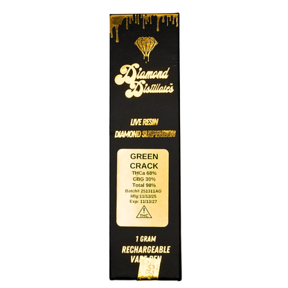“Diamond Distillates” Live Resin Diamond rechargeable vape pen: Green Crack  (1g) Puffy Parcel