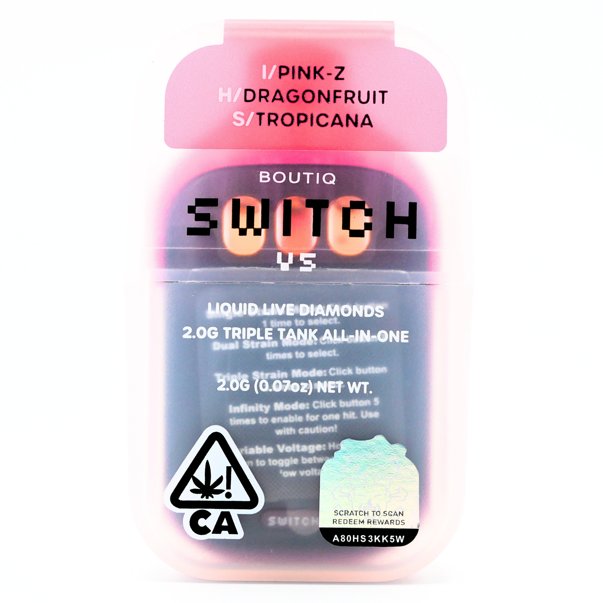 Boutiq Switch Liquid Live Diamonds rechargeable vape: Pink Z + Dragon Fruit + Tropicana (2g) Puffy Parcel