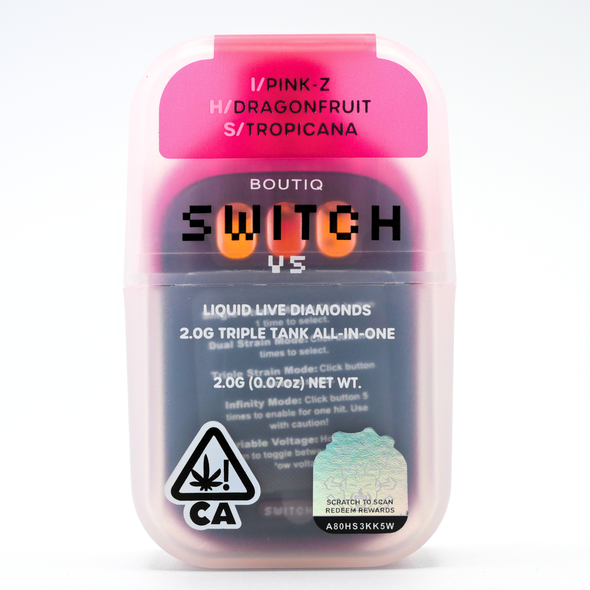 Boutiq Switch Liquid Live Diamonds rechargeable vape: Pink Z + Dragon Fruit + Tropicana (2g) Puffy Parcel