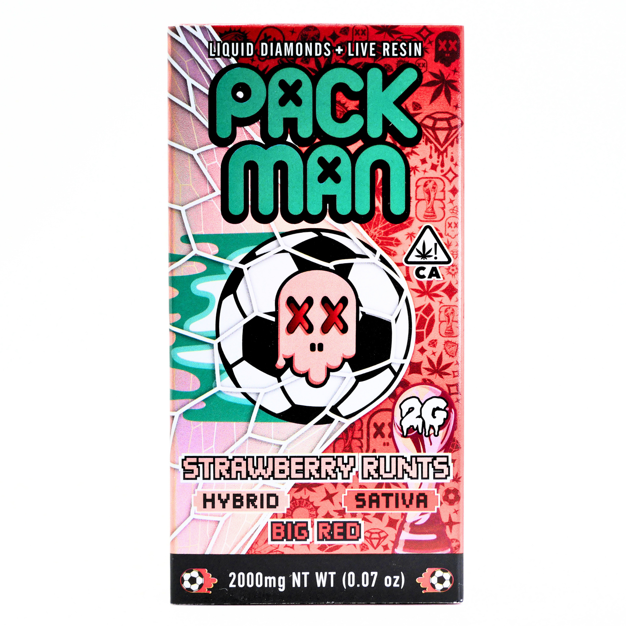 Limited World Cup Pack Man Liquid Diamonds + Live Resin Vape: Strawberry Runts (Hybrid) + Big Red (Sativa)(2g) Puffy Parcel