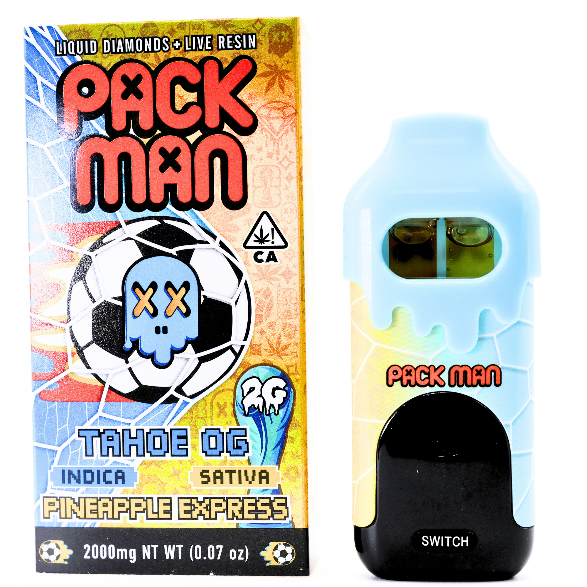 Limited World Cup Pack Man Liquid Diamonds + Live Resin Vape:Tahoe OG (Indica) + Pineapple Express (Sativa)(2g) Puffy Parcel