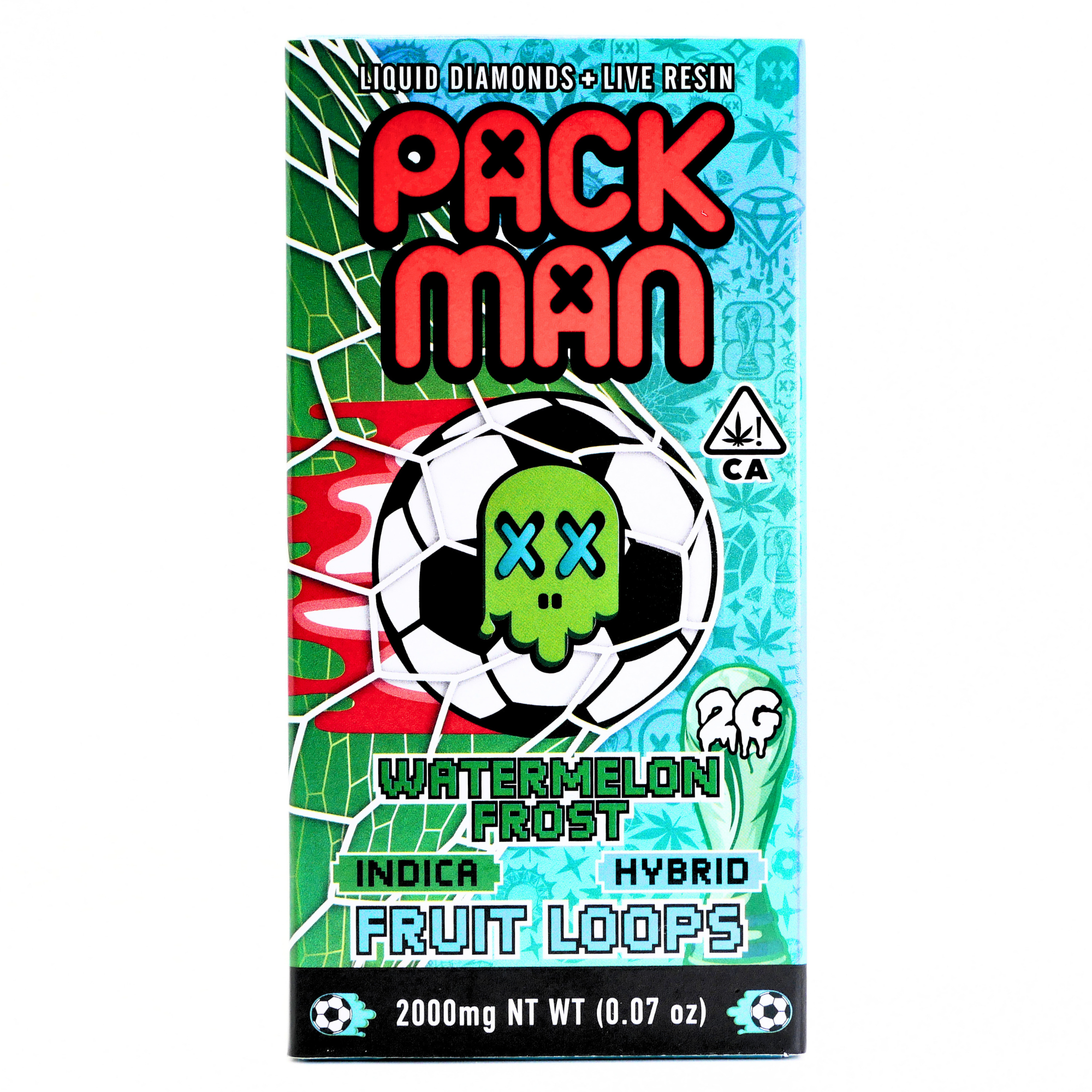 Limited World Cup Pack Man Liquid Diamonds + Live Resin Vape: Watermelon Frost (Indica) + Fruit Loops (Hybrid)(2g) Puffy Parcel