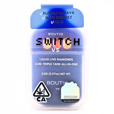Boutiq Switch Liquid Live Diamonds rechargeable vape: Purple Papaya + Blue Berriez + RZ-11 (2g) Puffy Parcel