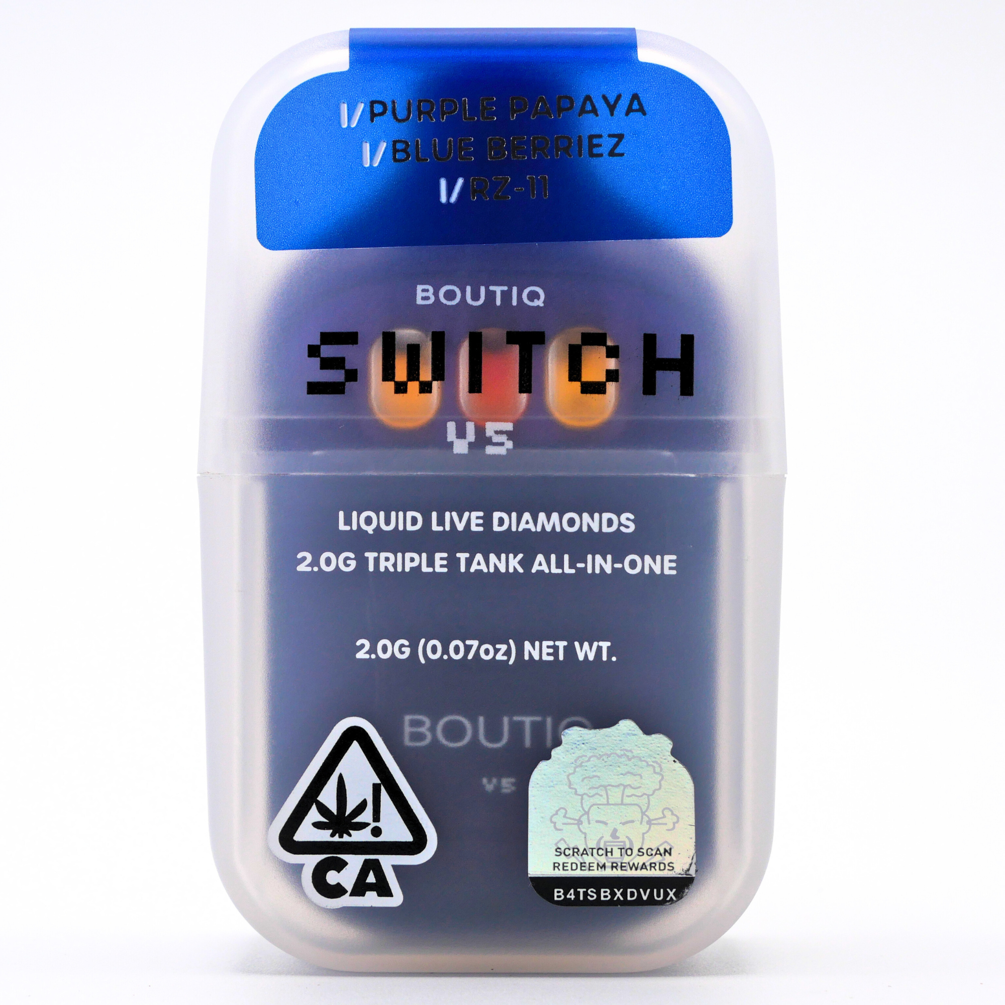 Boutiq Switch Liquid Live Diamonds rechargeable vape: Purple Papaya + Blue Berriez + RZ-11 (2g) Puffy Parcel