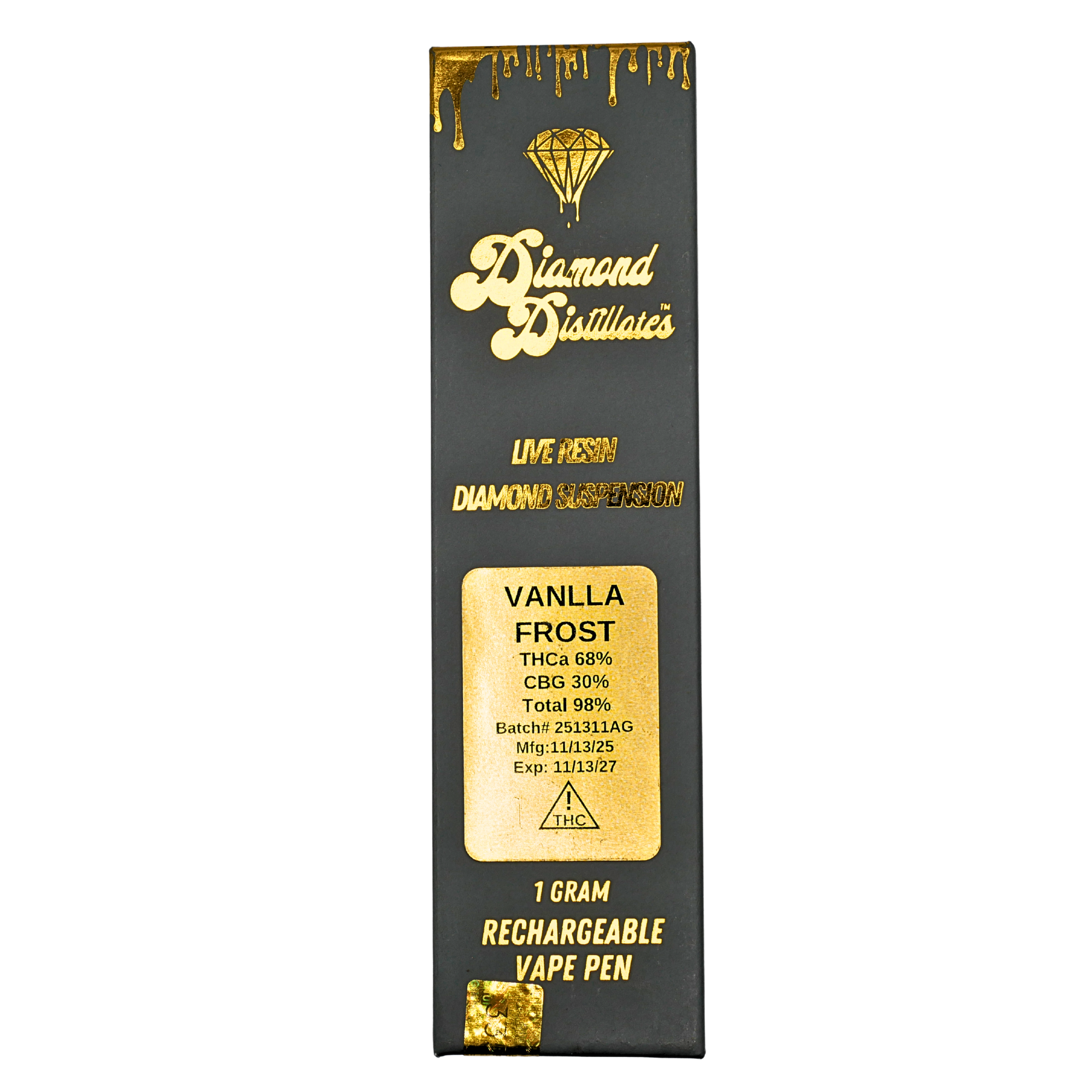 “Diamond Distillates” Live Resin Diamond rechargeable vape pen: Vanilla Frost (1g) Puffy Parcel